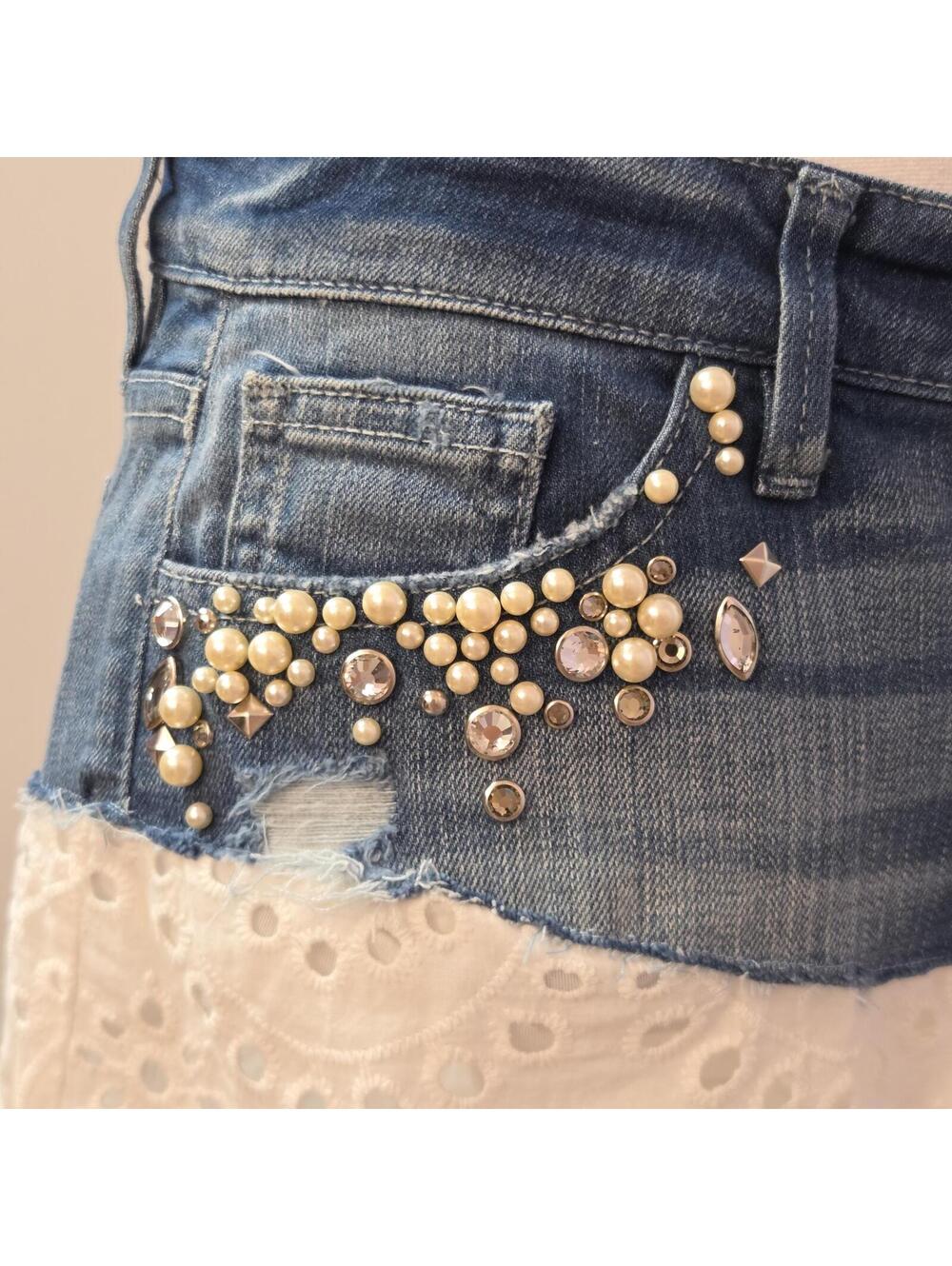 Beaded Denim Mini Skirt with Lace Hem Size 25 Y2K Boho Fairy Pearl Rhinestone - Picture 3 of 8